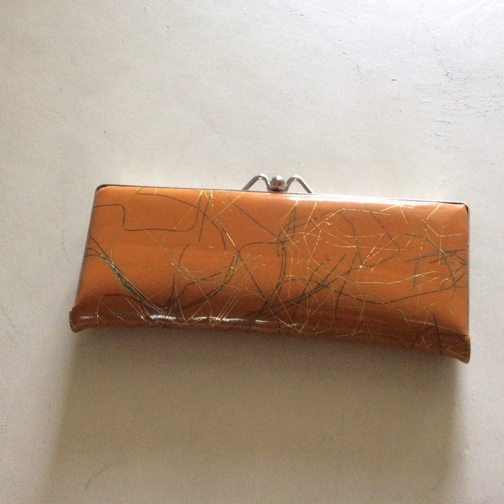 Vintage Hard Eye Glass Case Metal Snap Closure Orange, Gold & Green Design